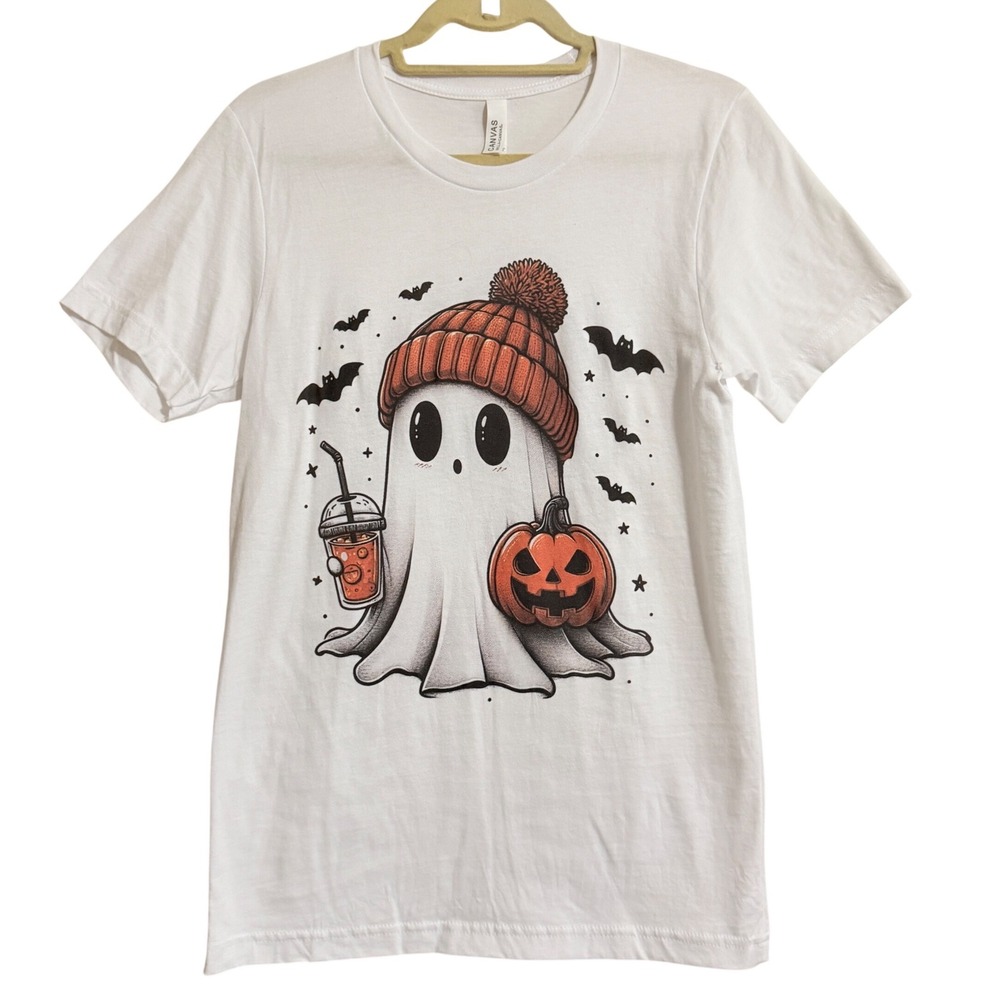 Bella Canvas White Ghost Pumpkin Spice Latte Halloween T Shirt Size‎ S